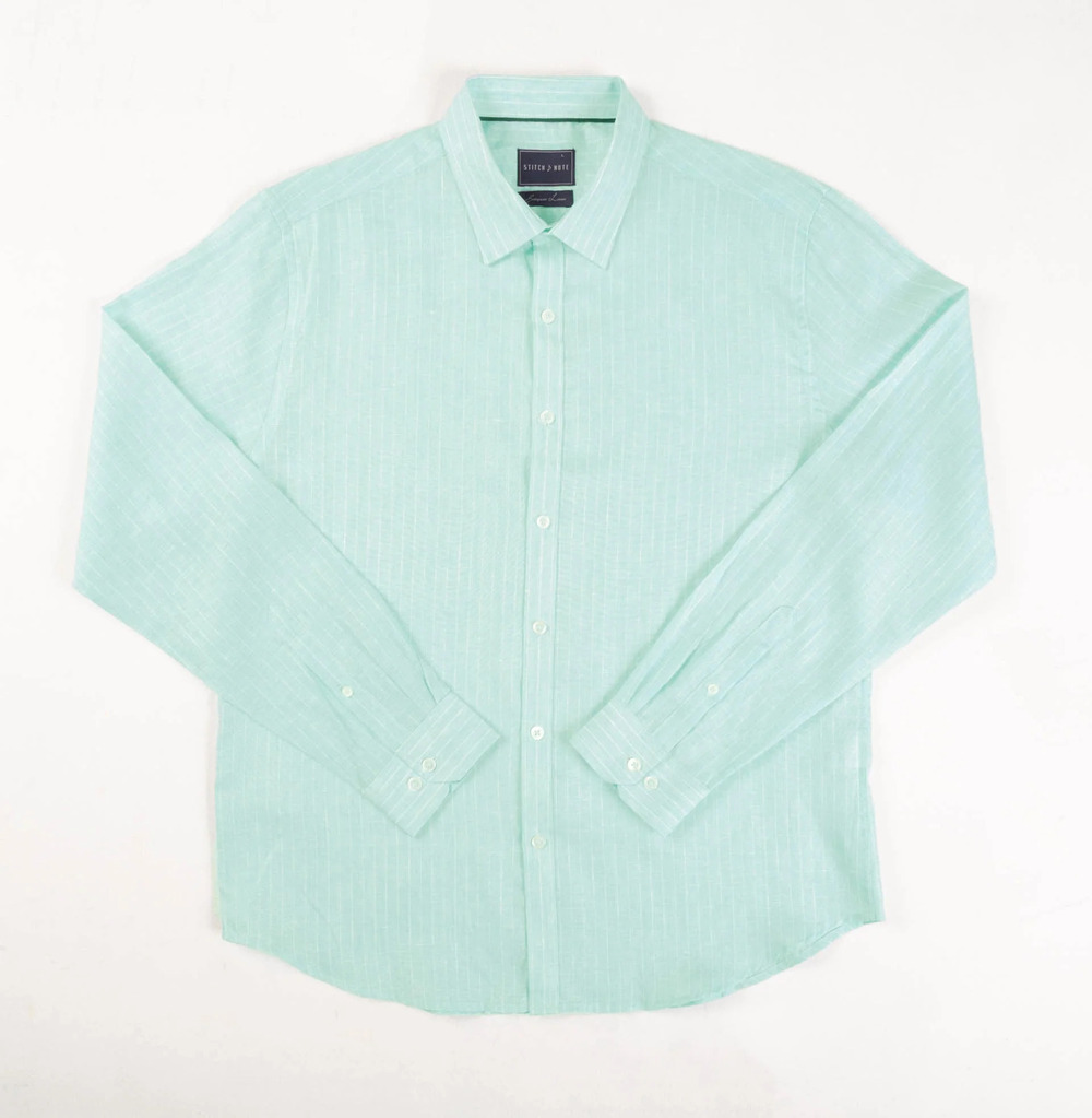 Stitch Note Mint Stripped European Linen Classic Long Sleeve Shirt/19420